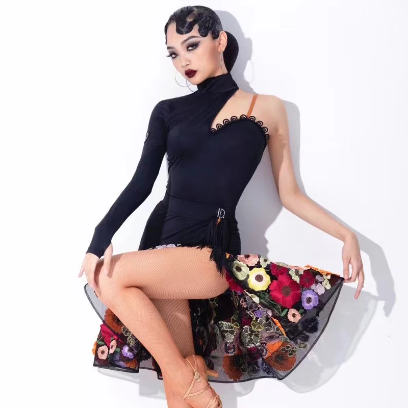 2024 New Latin Dance Competition Clothing For Women Sexy Single Sleeved Split Skirts Suit Chacha Rumba Tango Latin Stage Dress