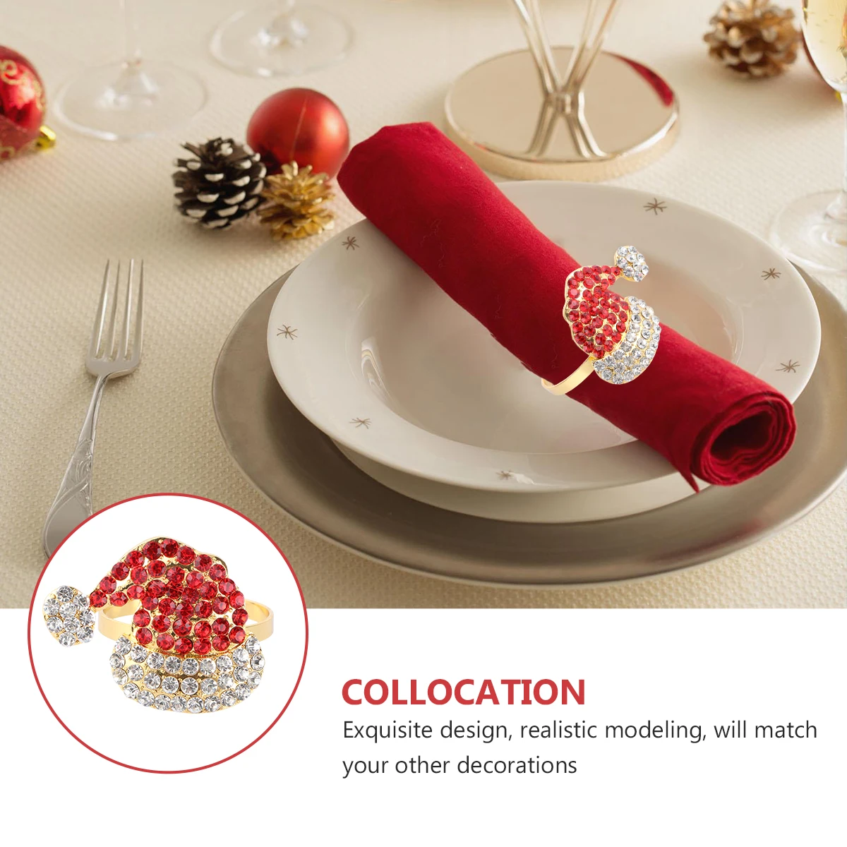 

4 Pcs Napkin Rings Santa Hat Design Metal Alloy Christmas Dinner Party Table Set Gift Idea Holiday Decor Kitchen Bar