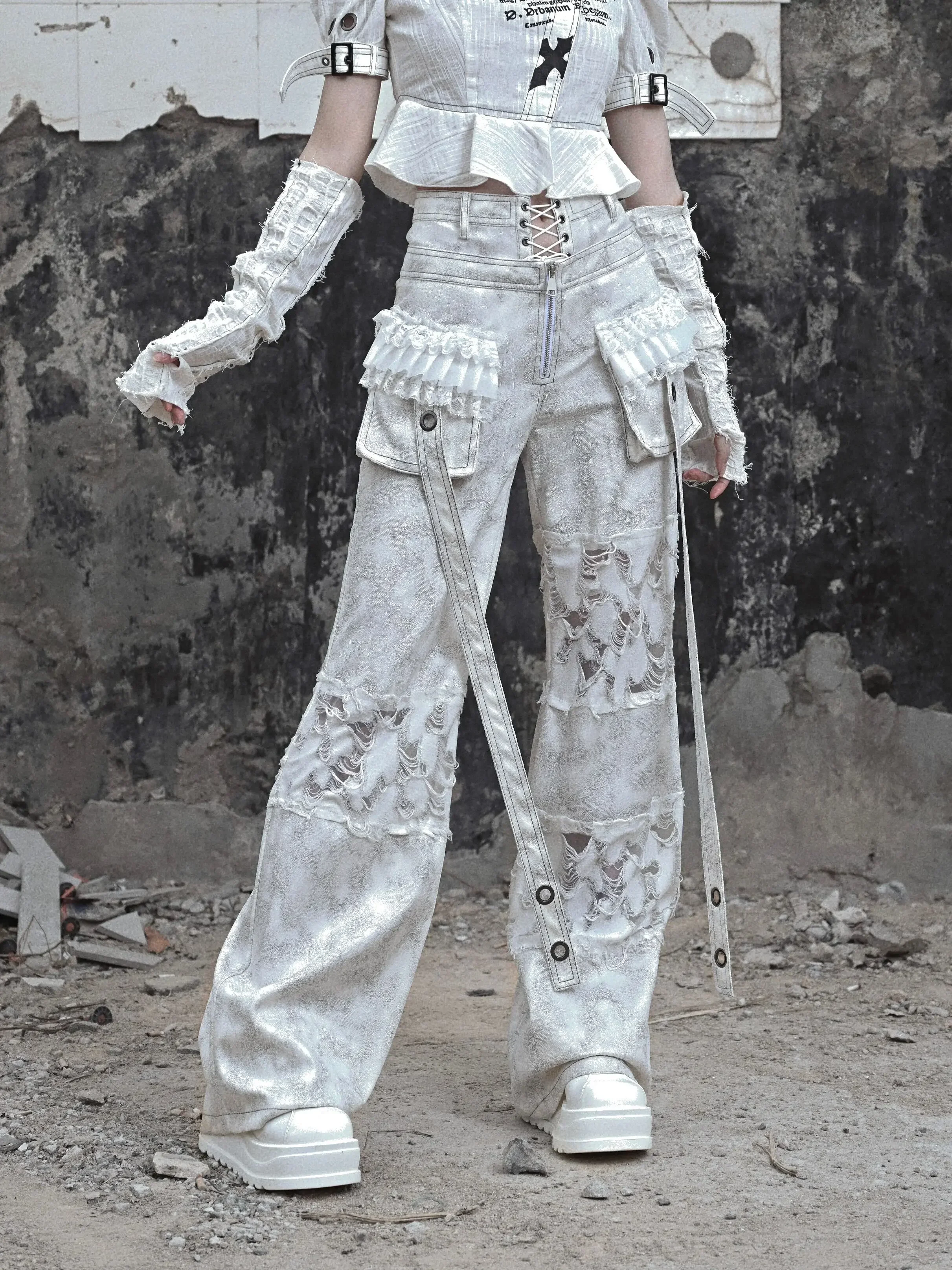 Blood Supply Original Madhouse Old Suede Long Capris Women Strap Fake Two-piece Patch Punk Cargo Straight Pants Holes Spring