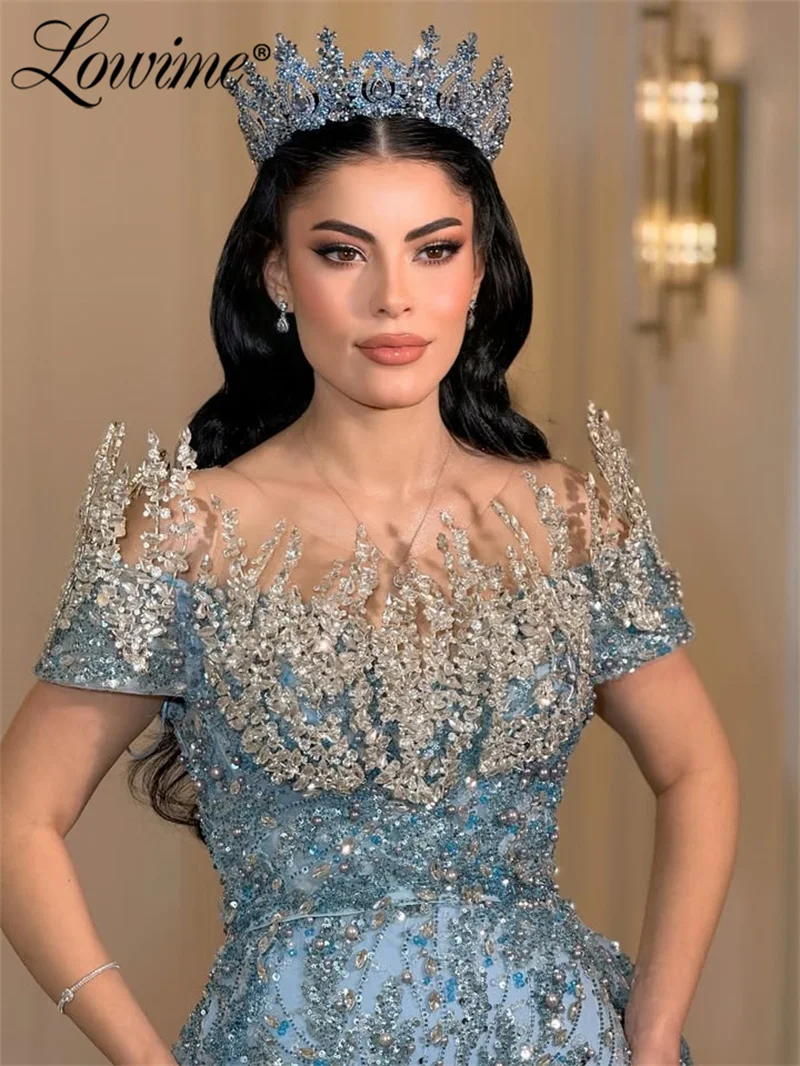 

Arabic Blue Evening Dresses With Detachable Skirt Luxurious Crystals Beaded Off Shoulder Engagement Party Gowns Long Prom Dress