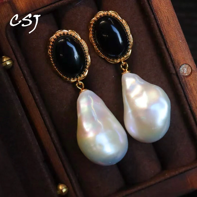 

CSJ New Baroque Pearl Earring Sterling 925 Silver Black Agate Hand Made Jewelry for Women Party Birthday Gift