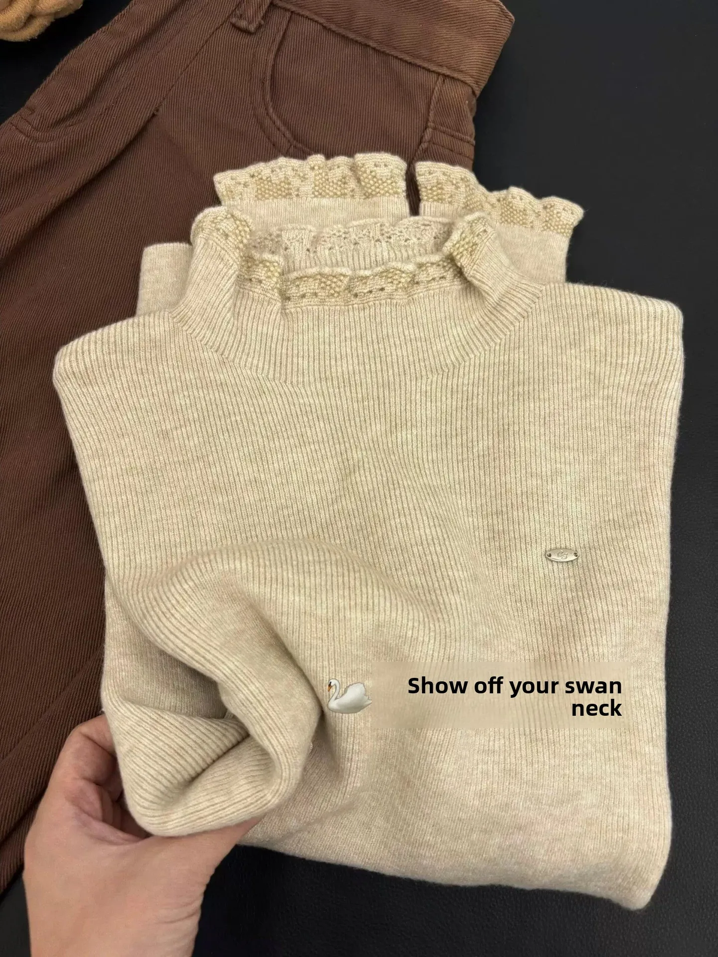 

Chic Lace Knitted Sweater Women's Autumn Winter Soft Cozy Inner Wear Half High Collar Base Layer Top with Wood Grain