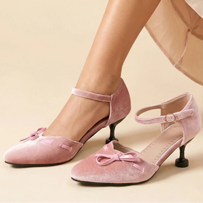 

Flock Women's Mid Heels Pumps Summer Shoes Close toe Big Size 46 Strap Pink Black Heeled Wedding Office Shoes Ladies 2026 New