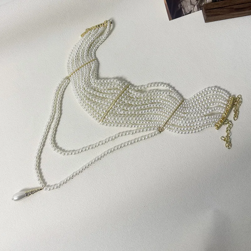 Vintage Handmade Multi-layer Pearl Tassels Choker Collar Chain Necklace