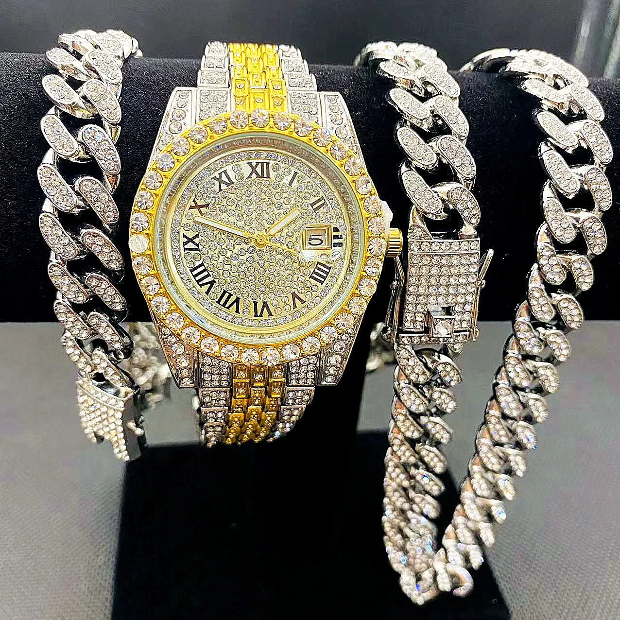 3PCS Full Iced Out Watches Mens Cuban Link Chain Bracelet Necklace Choker Bling Jewelry for Men Gold Chain Hip Hop Men Watch Set