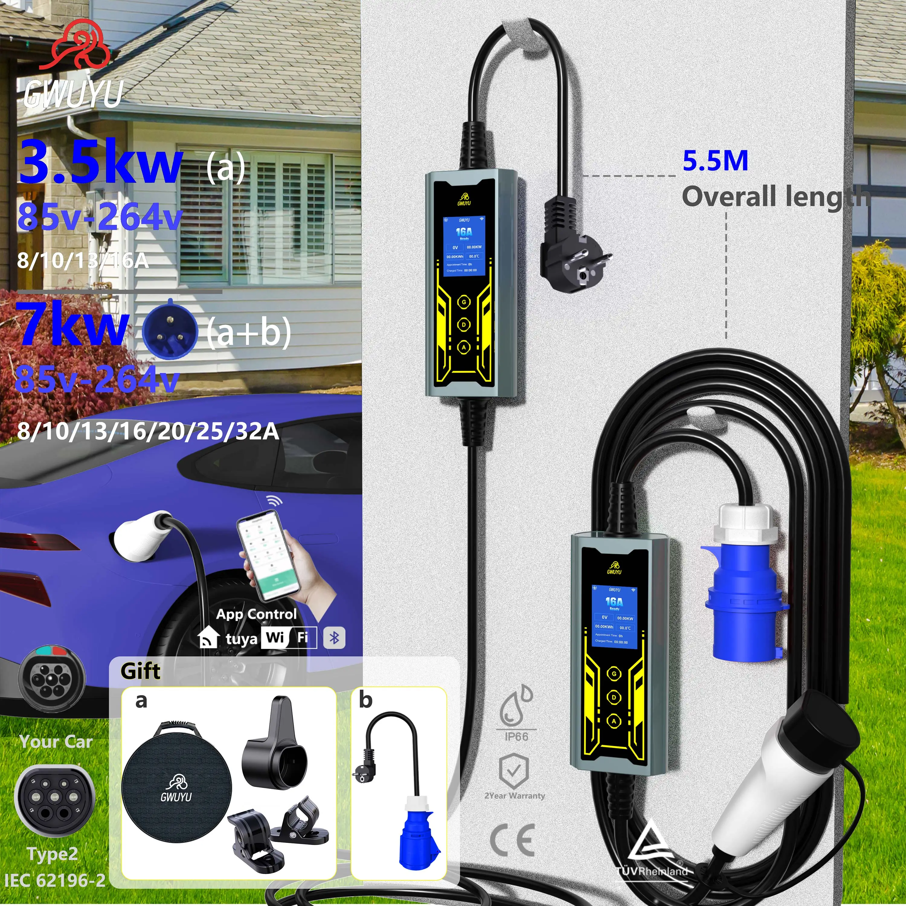 GWUYU Type 2 EV Portable Charger Wall Mount Box WiFi App Controlled Adjustable Current 3.5kW 16A 7kW 32A with 2.8 Inch Screen