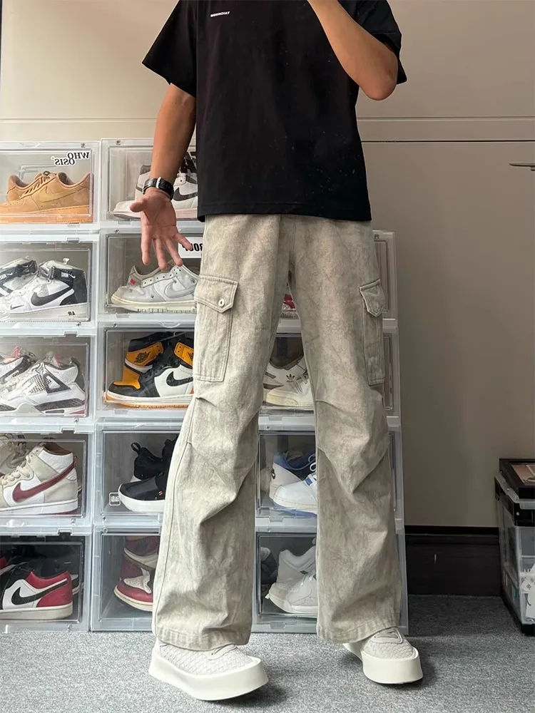 American Style Men's Cargo Pants Multi-Pocket Wide Leg Casual Trousers Folded Hem Loose Straight Leg Jeans for Youth