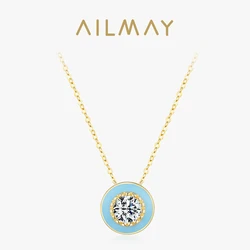 Ailmay 925 Sterling Silver Elegant Round Blue Enamel Pendant Shiny Zirconia Necklace For Women Wedding Engagement Fine Jewelry