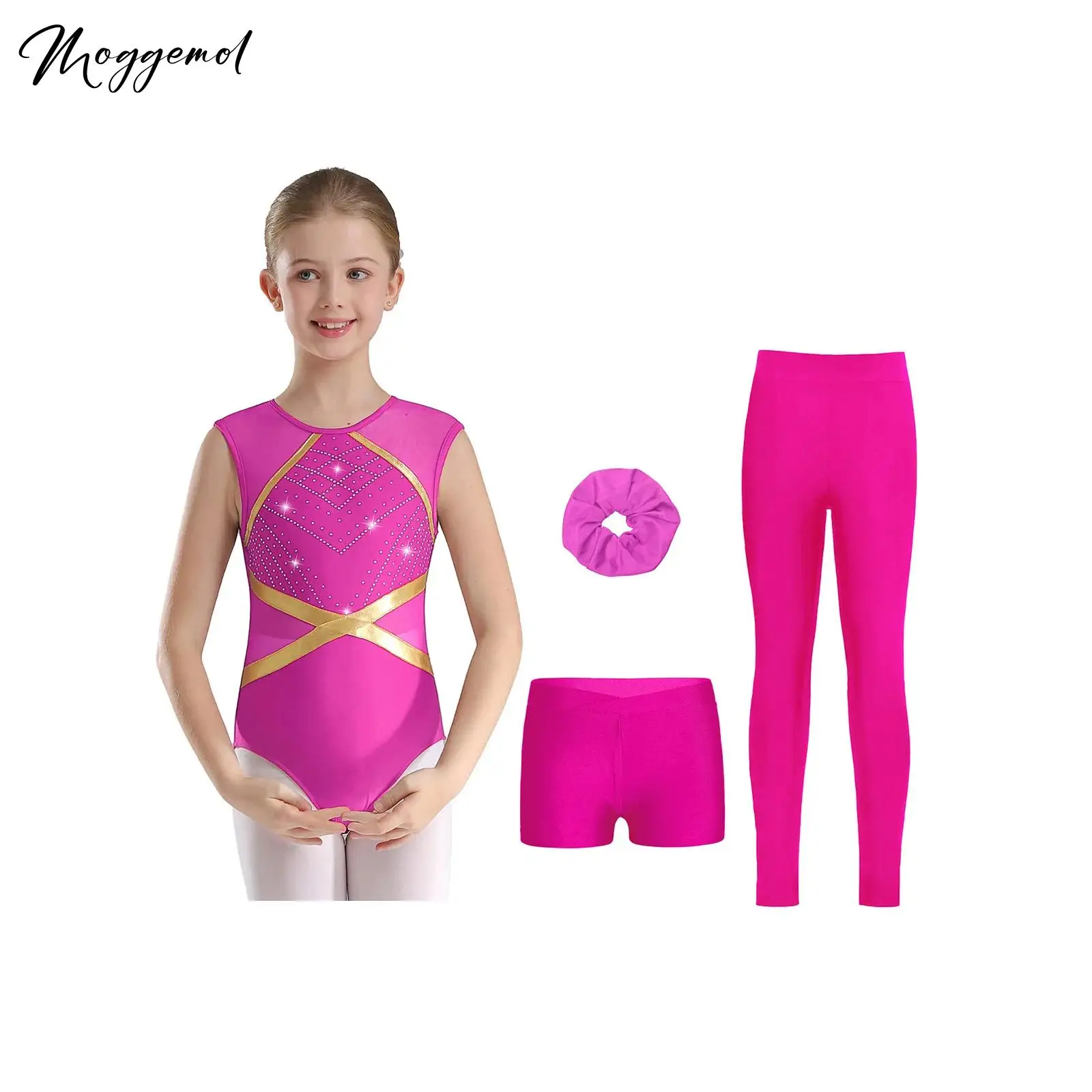 

4 шт./компл. костюм для фигурного катания для девочек, гимнастический танцевальный купальник без рукавов со стразами, комбинезон с шортами, леггинсами и головными уборами