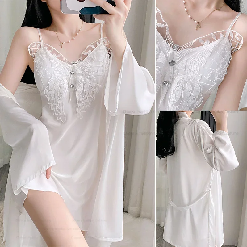 

Новинка 2025 года, модная домашняя одежда, женская белая одежда для сна, сексуальная ночная рубашка с кружевом и бабочкой на бретельках, свадебное платье невесты, костюм, атласный халат, платье