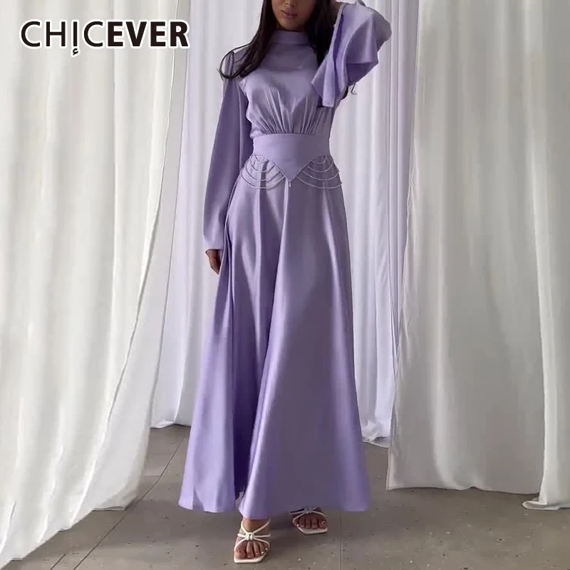 

CHICEVER Solid Color Fashionable Dress For Women Stand Collar Flare Sleeve High Waist Patchwork Beading Chain Dresses Female New