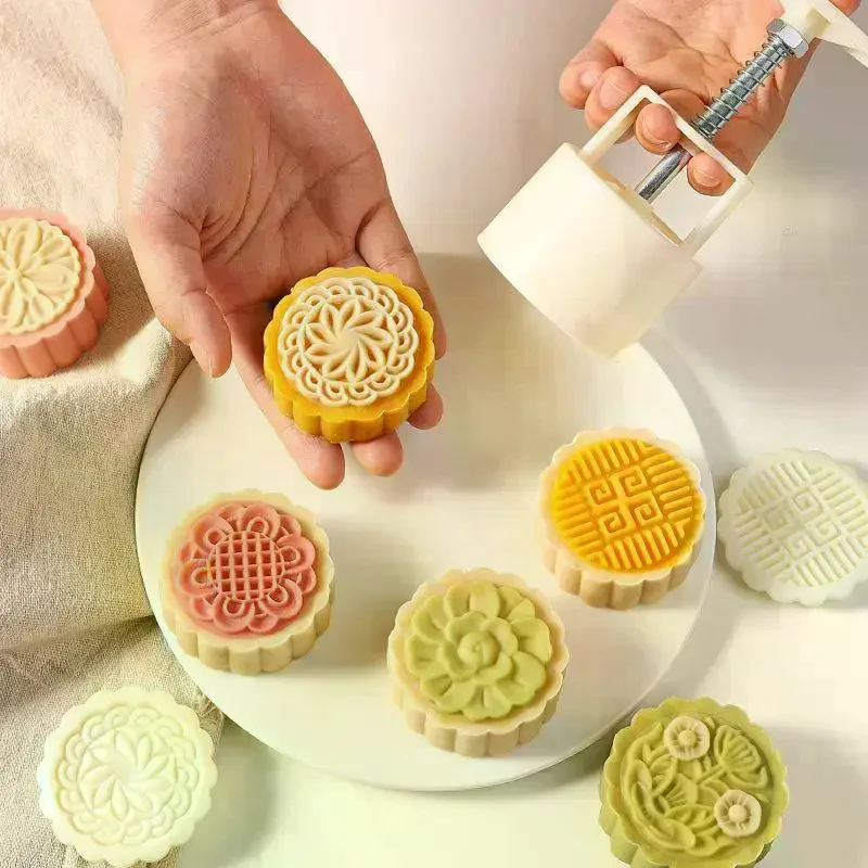 Plastic Hand Pressure Mooncake Mold Cookie Stamps Flower Cherry Pattern Mid Autumn Pastry Decoration Tool Mid-Autumn Festival