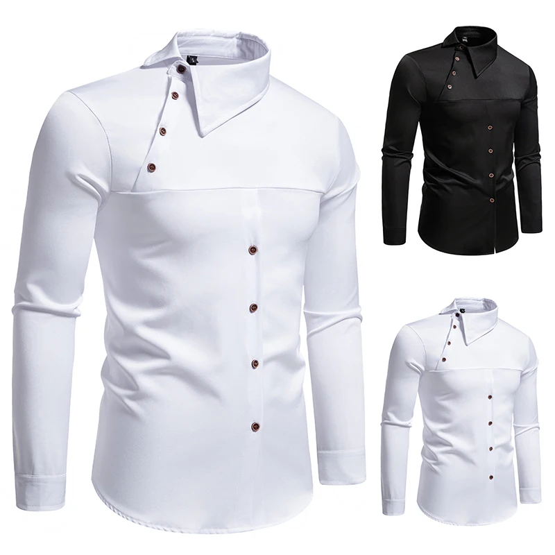 

Men Long Sleeve Shirts Personality Slant Collar Mens Dress Shirt Casual Male Top Clothes Chemise Hemd Homme Shirt S55