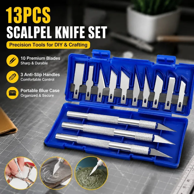 13Pcs Carving Knife Set Aluminum Alloy Craft Pen Cutter Kit Precision Hobby Scalpel with Replaceable Blades for Model Making