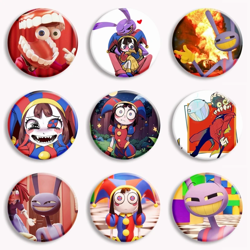 

Hot Anime Amazing Digital Circus Button Pin Cartoon Jax Pomni Circus Theater Brooch Badge Bag Decor Fans Friends Gift 58mm