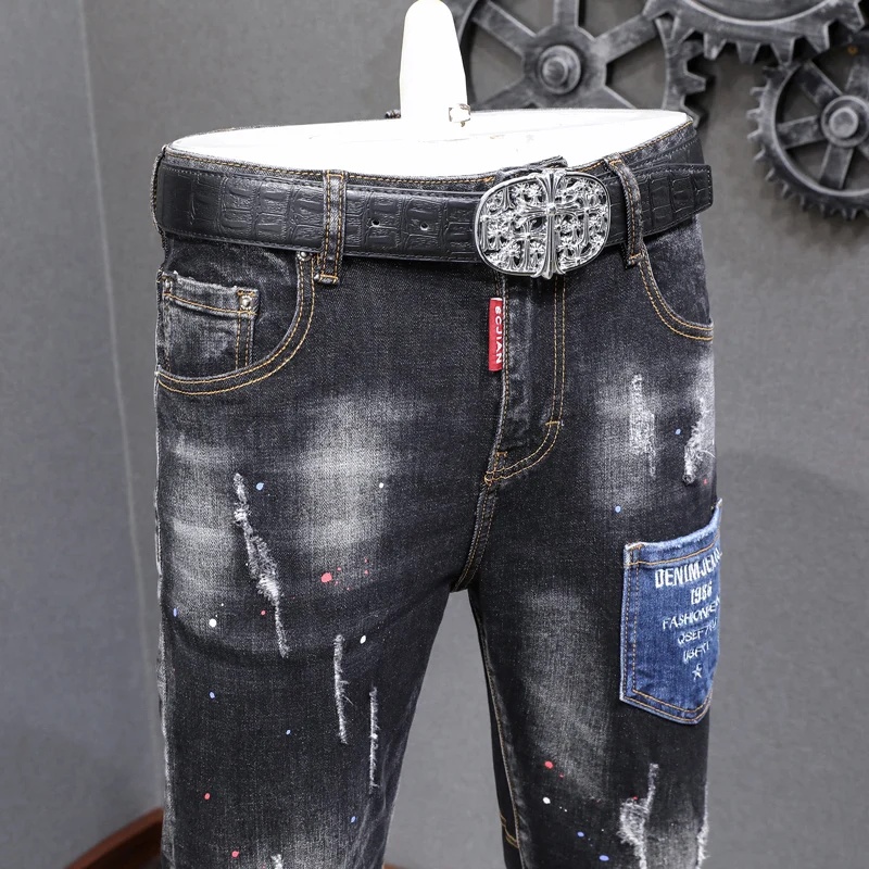 Street Fashion Men Jeans Retro Black Gray Stretch Slim Fit Spliced Painted Ripped Jeans Men Pocket Designer Vintage Denim Pants