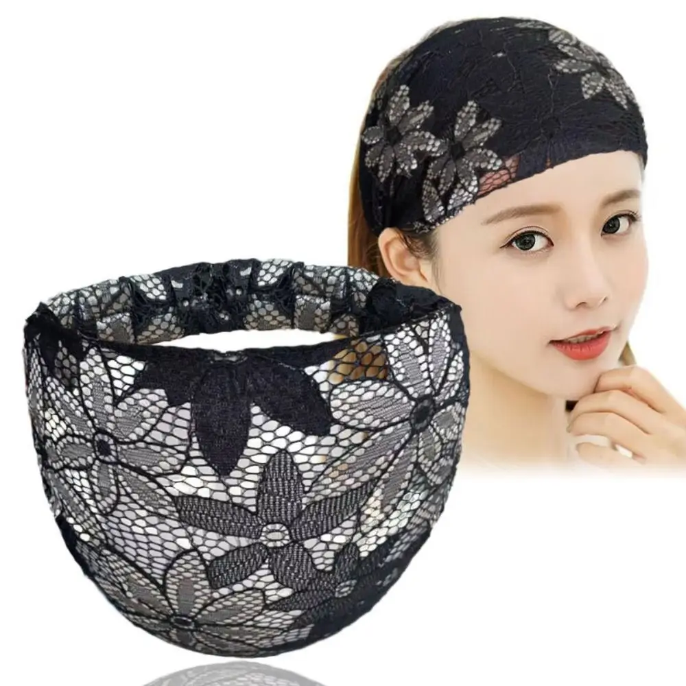 

Temperament Non Slip Mesh Flower Headband Hair Hoop Hollow Lace Hairbands Headwear Elastic Wide Side Head Wrap Female/Girls