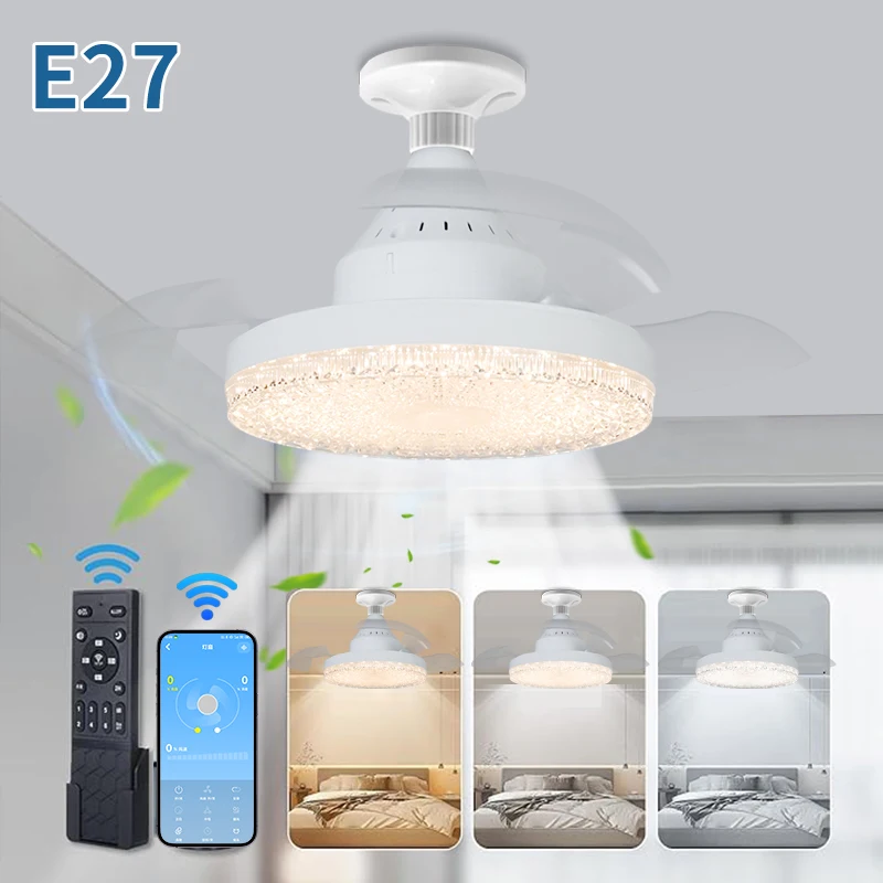 

E27 Base Fan Light with Remote Control Ceiling Fan, 3 Colors, 6 Speeds, Reversible Motor, Kitchen Bedroom Mini Light Bulb