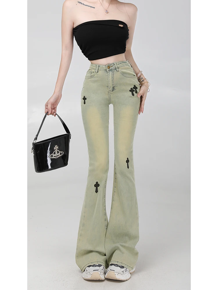 

Джинсы-колокольчики с высокой талией, женские джинсы в американском стиле ретро High Street Sle, хлопковые эластичные джинсовые износостойкие длинные брюки