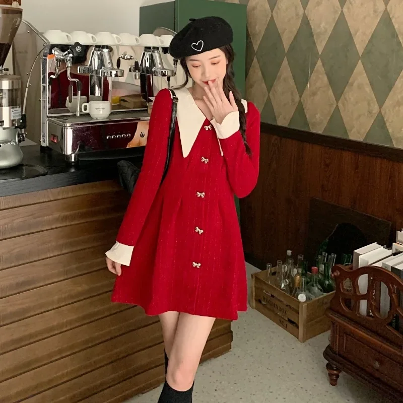 

2023 Autumn New Women Dress French Vintage Color Collision Peter Pan Collar Cute Dress Flared Sleeve Thin Dress Female