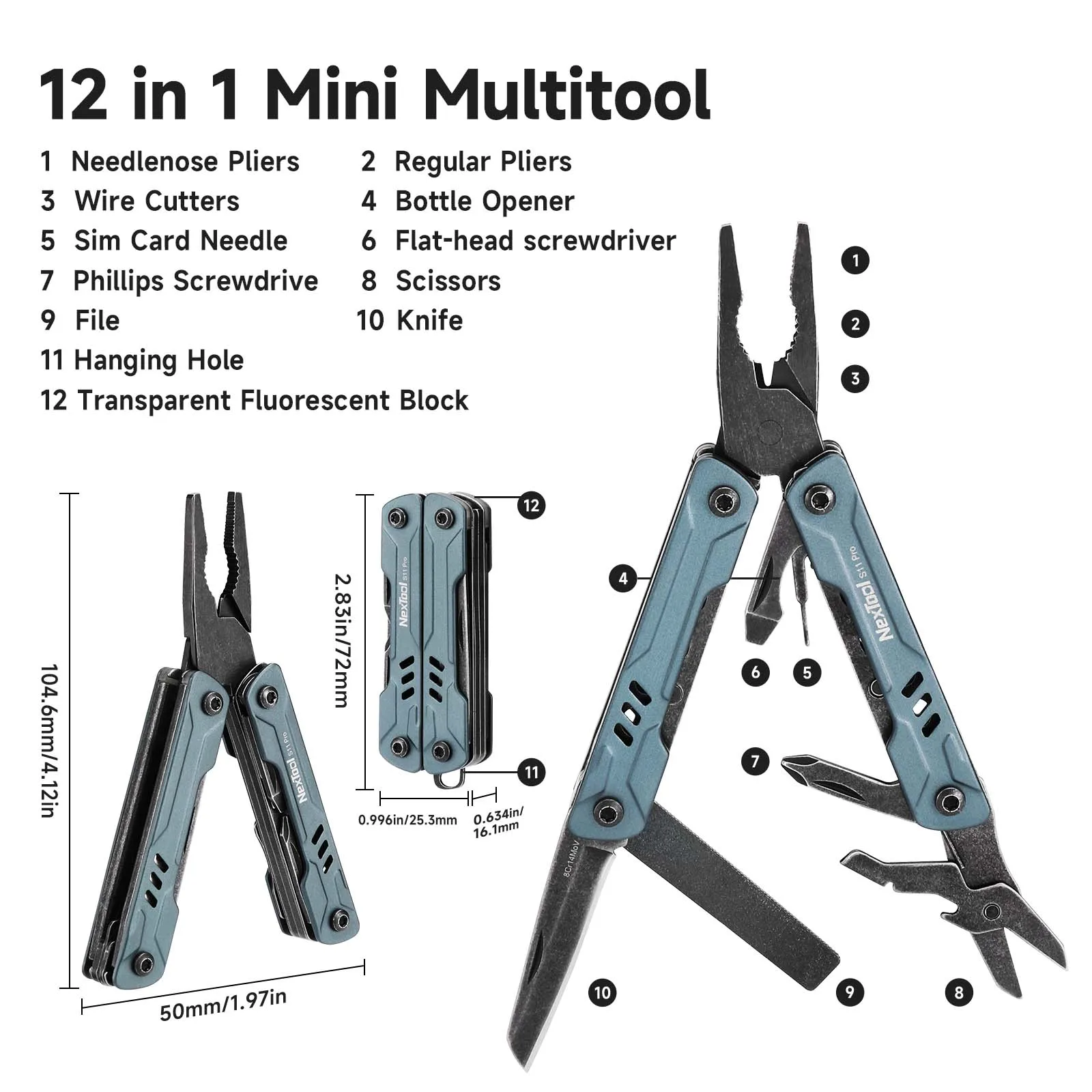NexTool S11 Pro كماشة بحار صغيرة 12 في 1 أداة متعددة سكين جيب أدوات قابلة للطي قواطع الأسلاك EDC بطاقة دبوس مفك مقص