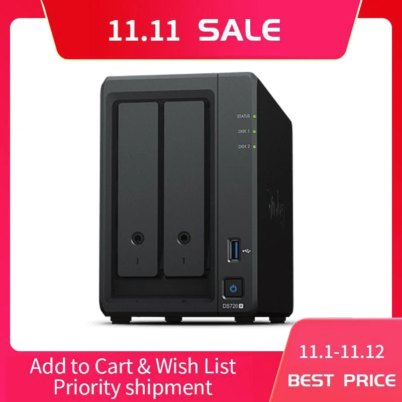 Go! Synology DS720+ NAS 2 Bays Network Cloud Storage Server Diskless 2G RAM SATA3 NAS 3 Years Warranty