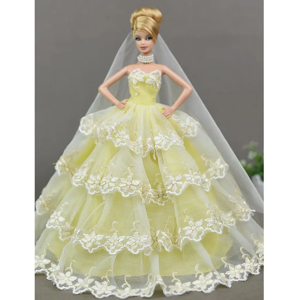 Yellow Embroidery Flowers Dress Gauze Wedding Gown Outfit /6