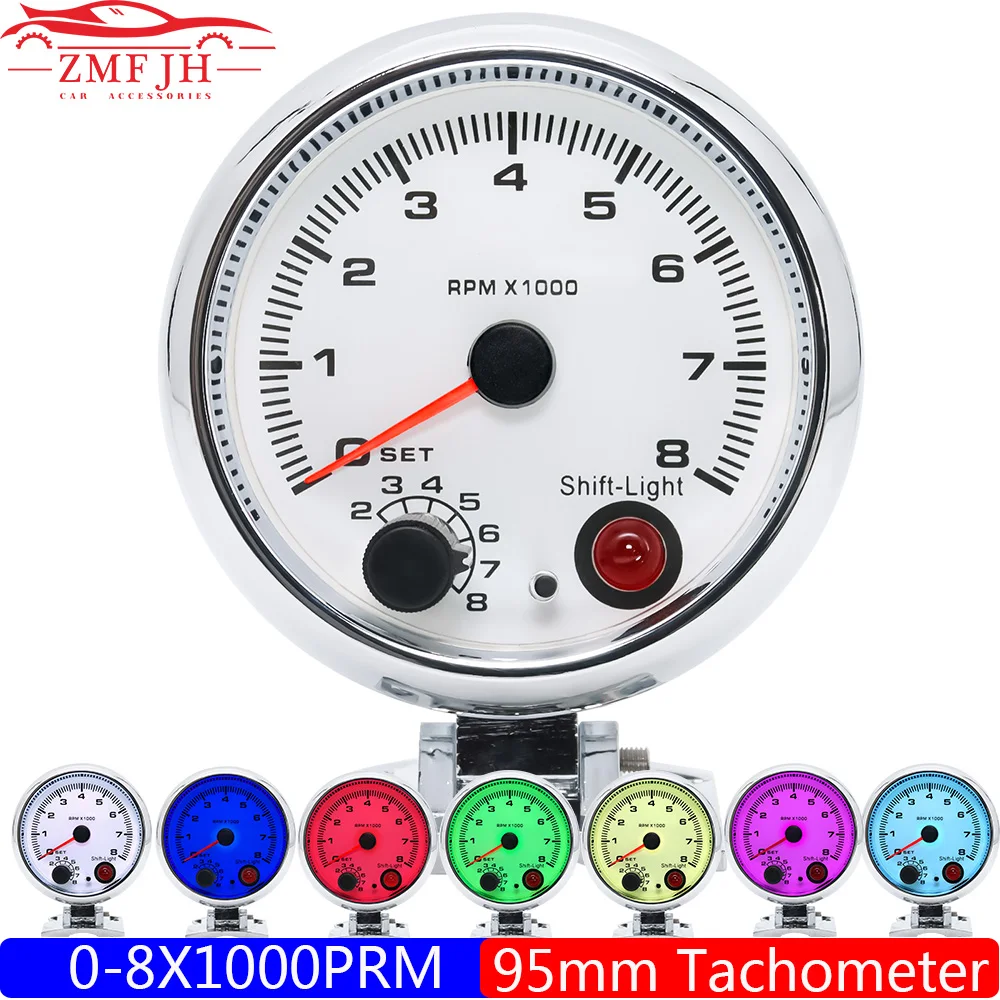 7 Color LED 95mm Tachometer with Silver Cup Holder Pointer Tacho Gauge 0-8X1000 RPM Meter for 4/6/8 Cylinder Gasoline Car 12V