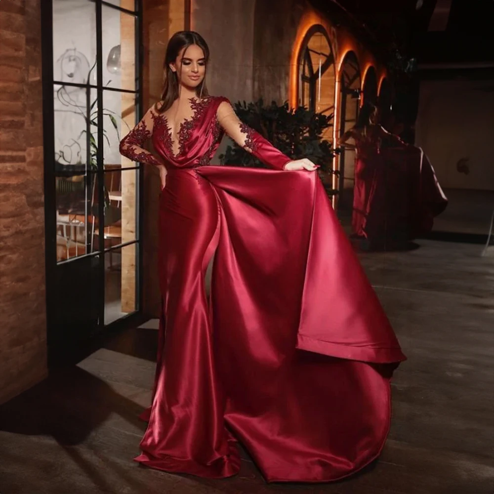 

Elegant Burgundy Satin Lace Formal Prom Dress for Women Side Split Court Sheath Long Sleeve Prom Party Gown robes de soirée