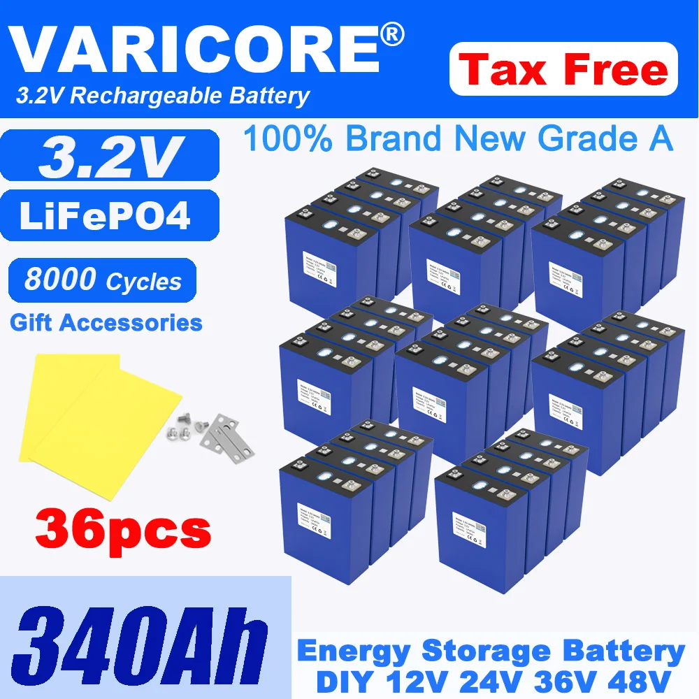 

36x 3.2V 340Ah Lifepo4 Rechargeable Battery 8000Cycles Lithium Iron Phosphate for 12v 24v Travel Solar Campers Golf Cart Yacht