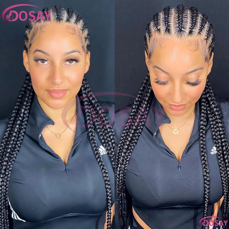 باروكات أمامية من الدانتيل بالكامل مقاس 36 بوصة للنساء ذوات البشرة السمراء، باروكة شعر صناعية من كورنو برايدينج، شعر مستعار أسود للاستخدام اليومي