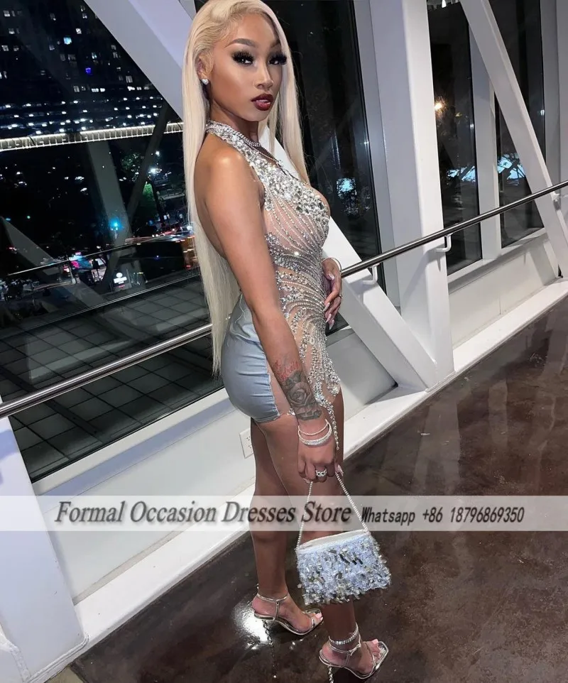 Sexy Silver Birthday Dresses Luxury Rhinestone Party Dress Baddie Black Girls African Cocktail Gowns Vestidos De Gala Customized