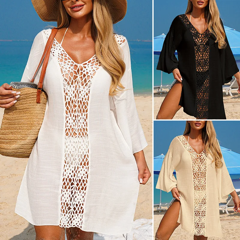 Abito copricostume da spiaggia all'uncinetto Abito ampio all'uncinetto a maniche lunghe Abito da spiaggia Vacay in maglia cava Kimono Kaftan Copricostume UV.