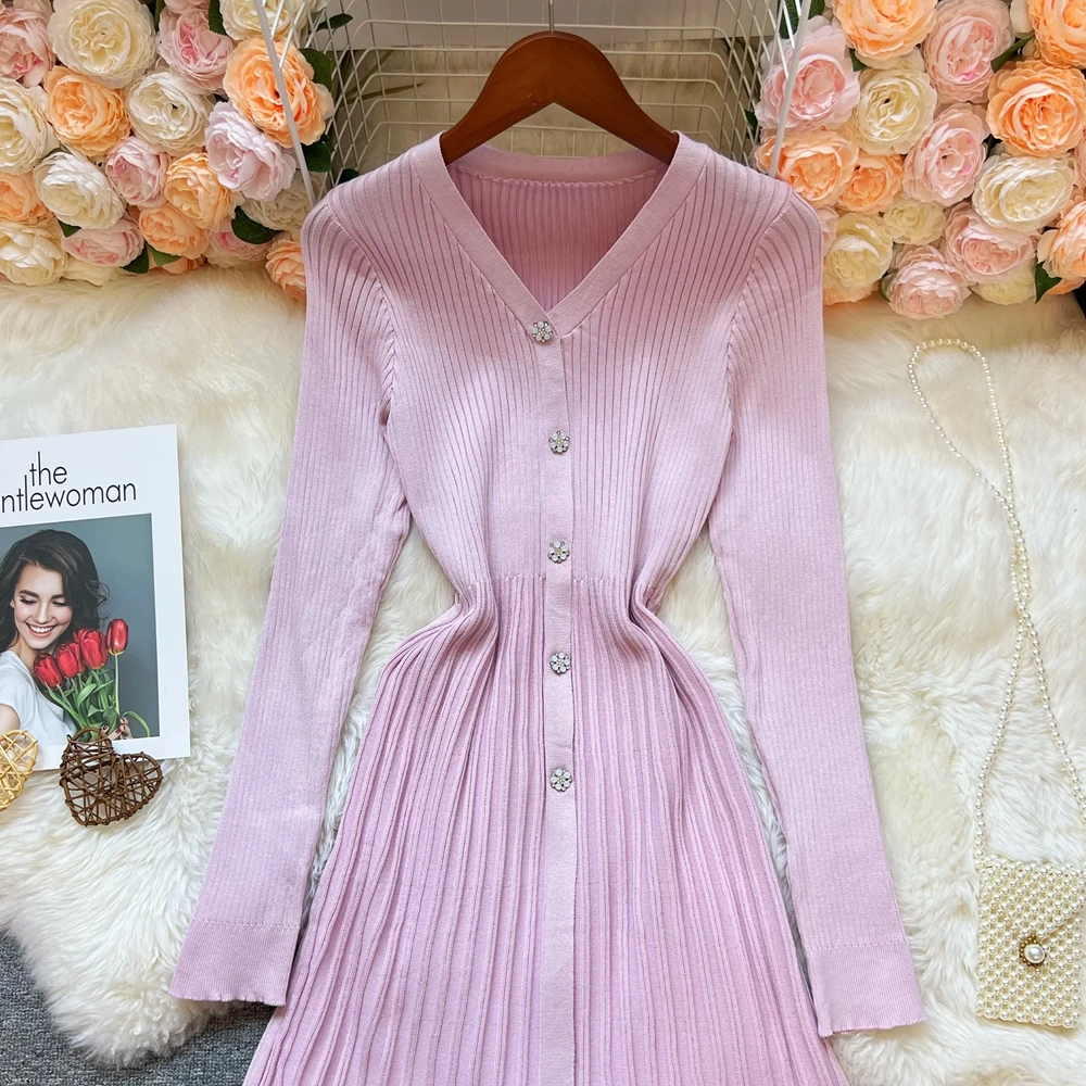 YuooMuoo Chic mode femmes élégant plissé tricoté longue robe 2025 automne hiver col en v dame robe pull coréen fête Vestido