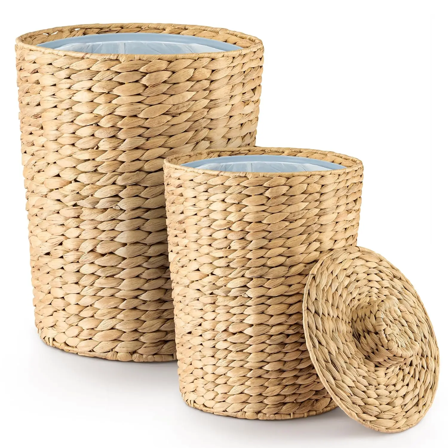 

Set of 2 Wicker Trash Cans with Lids - Water Hyacinth Waste Basket for Bathroom, Bedroom, Office - 2 & 4 Gallon with Removable