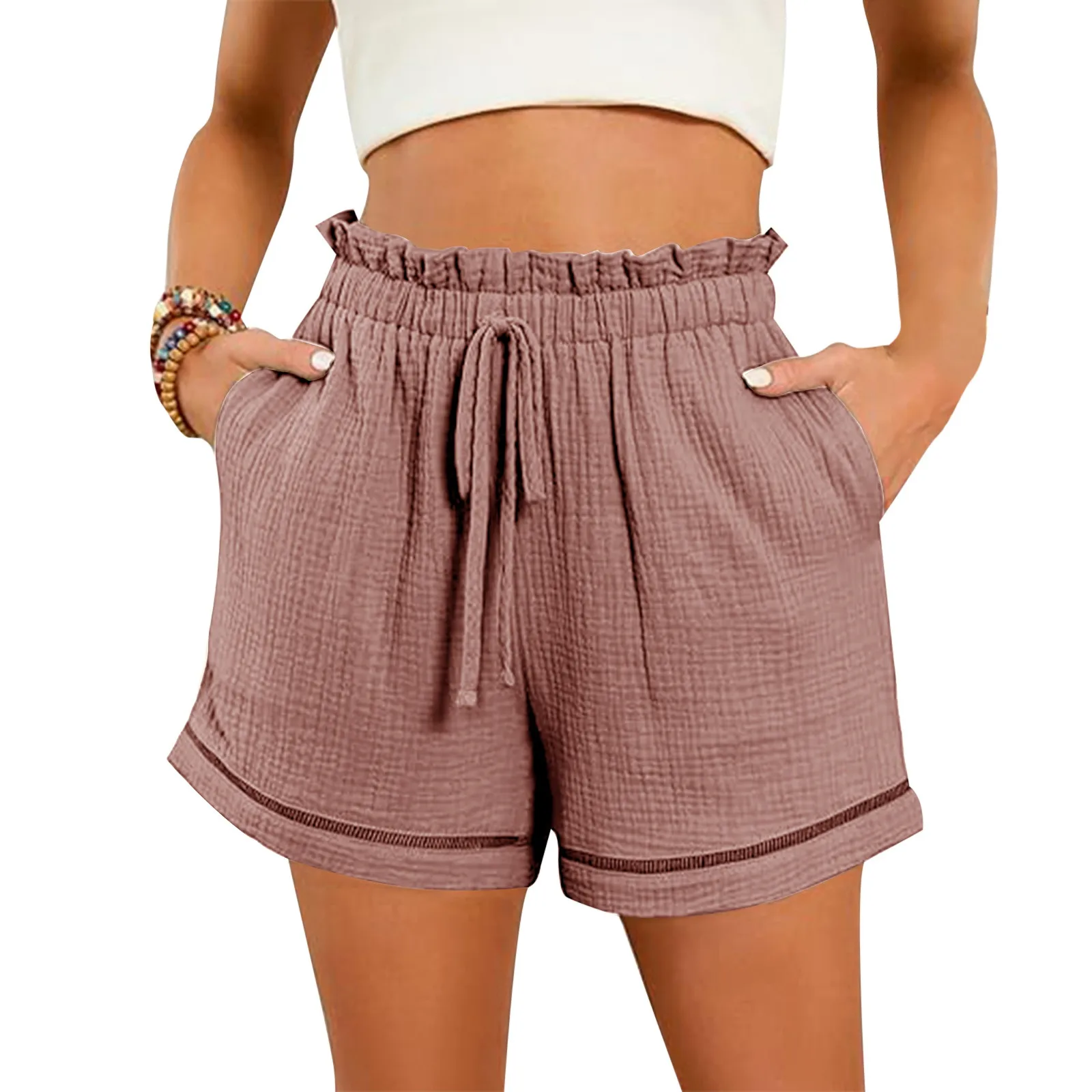 Women High Waist Casual Shorts Shorts Ruffle Elastic Waistband Drawstring Summer Loose Wide Leg Short Pants Streetwear