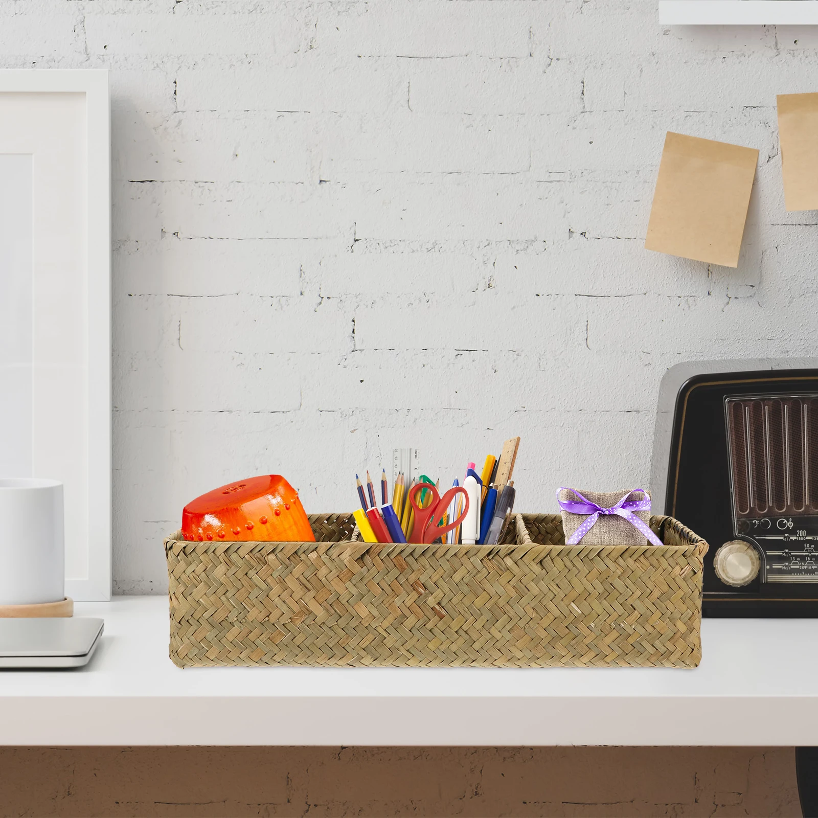 

1Pcs Handcrafted 3 Zone Woven Storage Box Functional Home Desktop Organizer for Small Items Container Storage Box