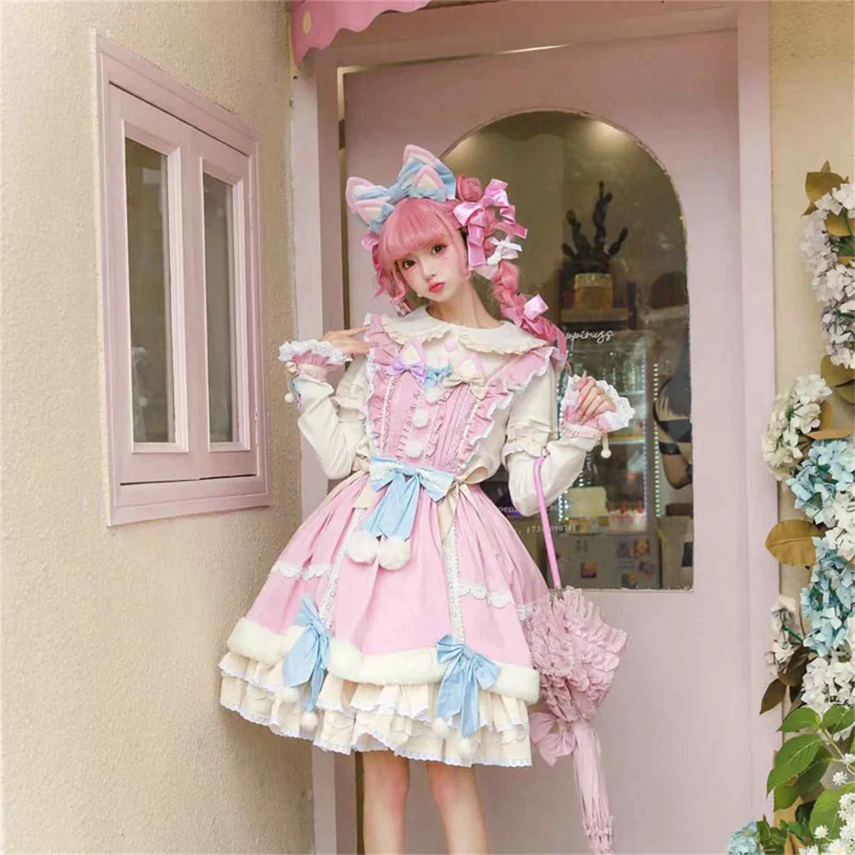 Japoński słodki styl Cosplay Lolita Op Kawaii dla dziewcząt kołnierz piotruś Pan słodkie włosy wzburzyć wstążka kokardka puszyste Hem kobiety sukienka