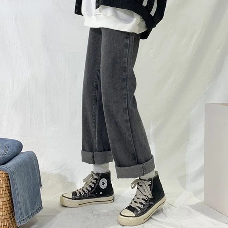 Jeans Women Straight Casual All-match Gray Trendy High Waisted Vintage New Solid Femme Clothing Bottom Denim Pantalones Vaqueros