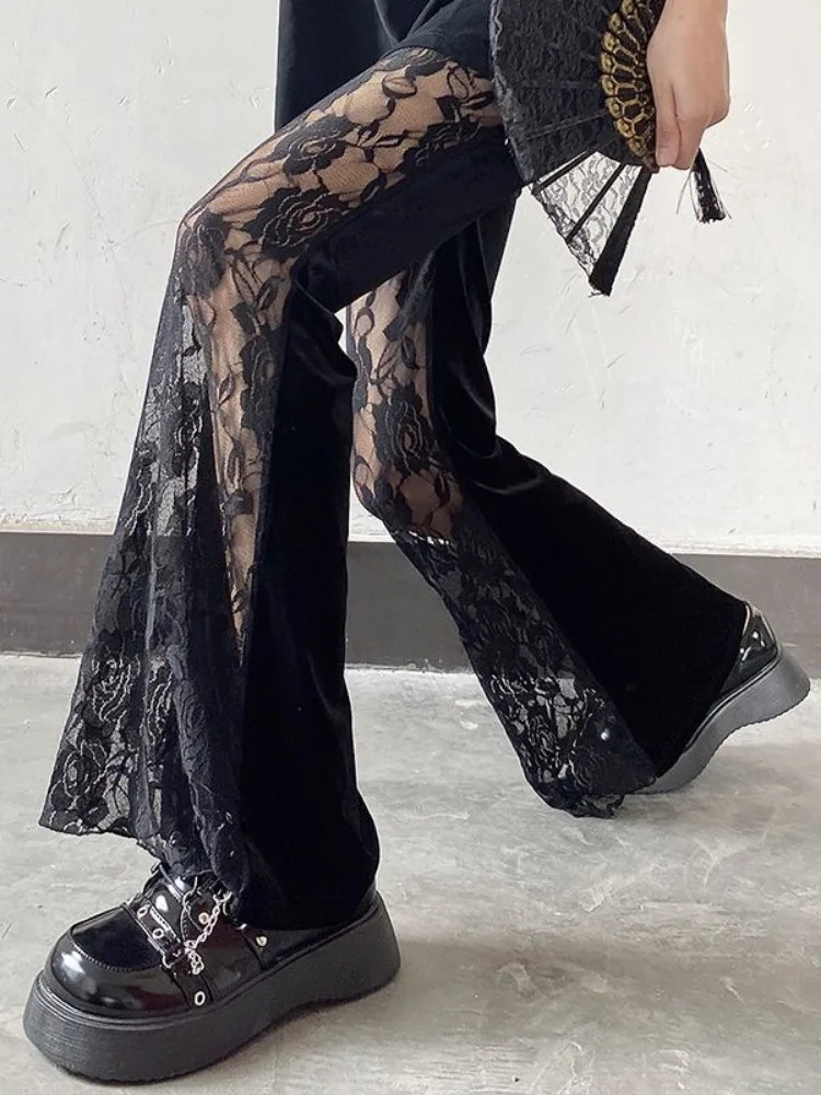 Voir à travers Y2k esthétique Streetwear pantalon décontracté été mince Patchwork dentelle pantalon Vintage taille haute Sexy Streetwear pantalon