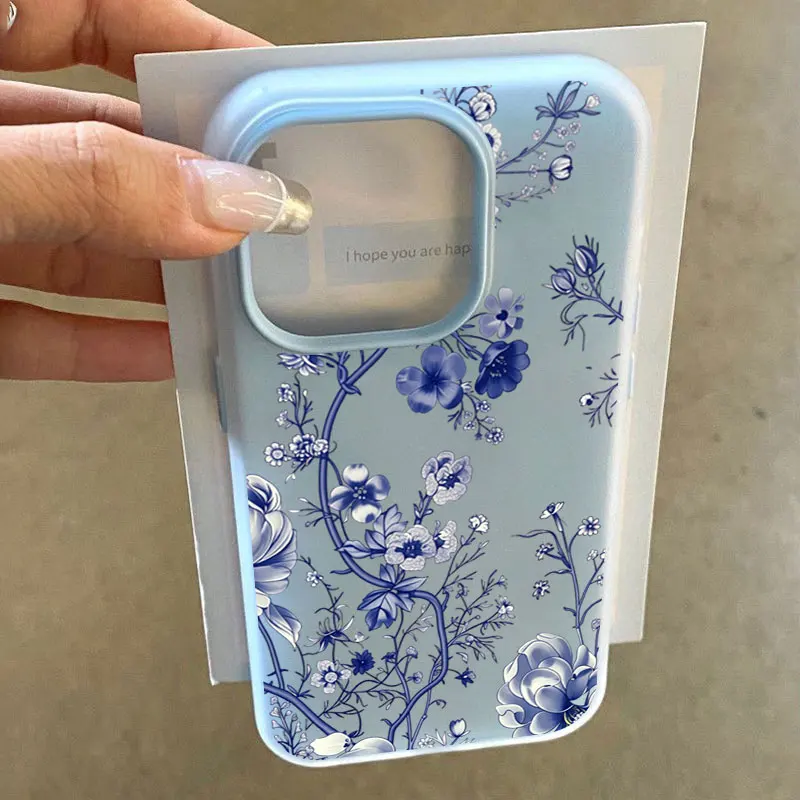 Retro Blue Flower Phone Case For Samsung Galaxy S24 S23 S22 S25 S26 Ultra Plus FE A57 A56 A55 A37 A36 A35 A26 A17 A16 Back Cover