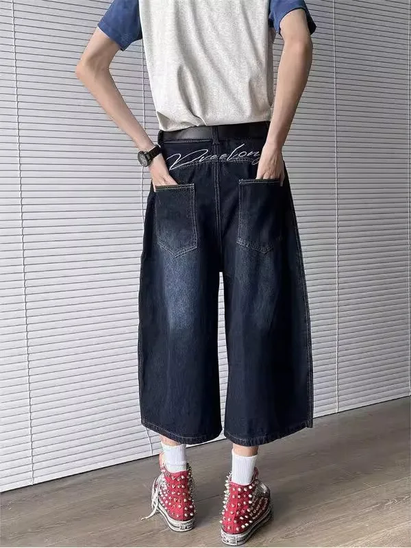 

Мужские джинсы в стиле ретро в американском ковбойском семь футов, летние модные свободные широкие повседневные брюки с вышивкой в стиле High Street