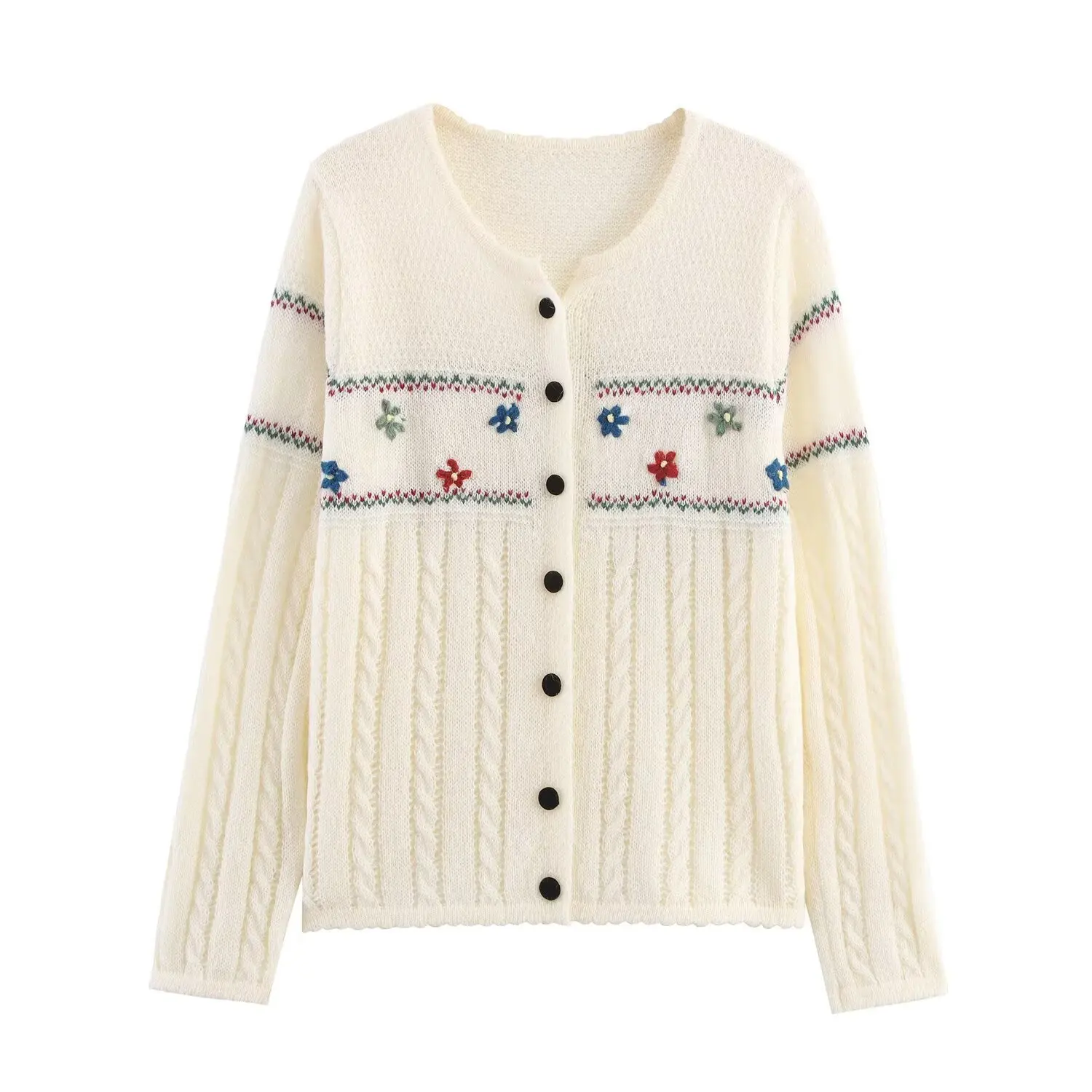 Camicia lavorata a maglia ampia vestibilità floreale con ricamo floreale monopetto a maniche lunghe casual nuova moda autunnale per donna, 3 colori