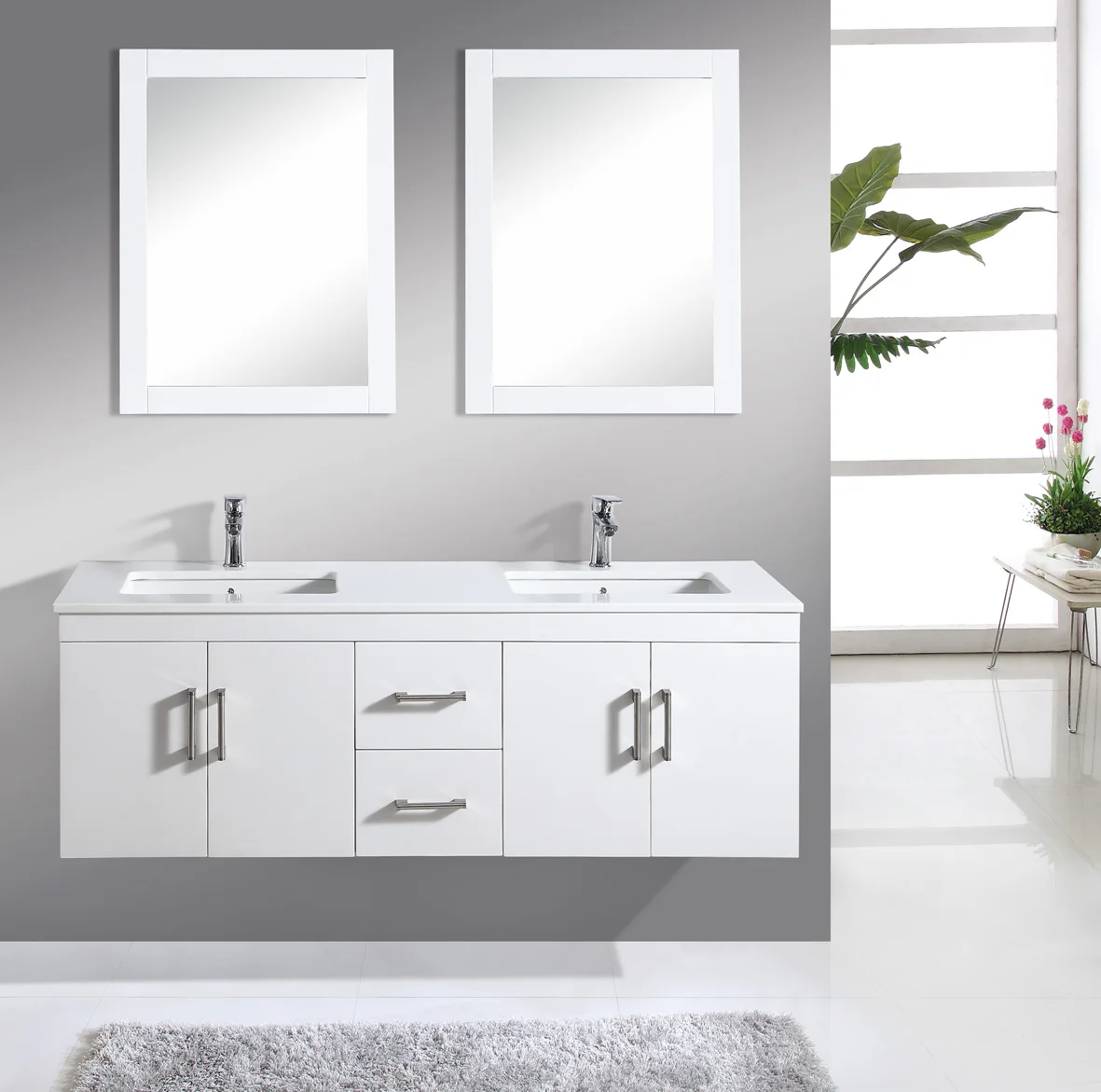 Foshan Factory OEM Bathroom Cabinet White Painting Oak Wooden Wall Mounted Bathroom Furniture Single Basin Bath Vanity