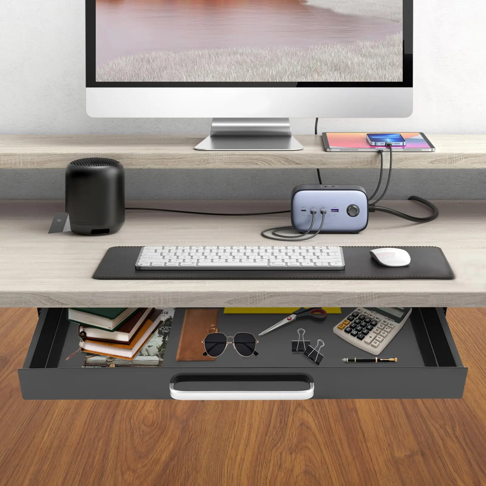 Under Desk Drawer 21.6", Pull-Out Storage Organizer with Compartment, Wooden Sliding Drawer under Table for Office Desk or Table