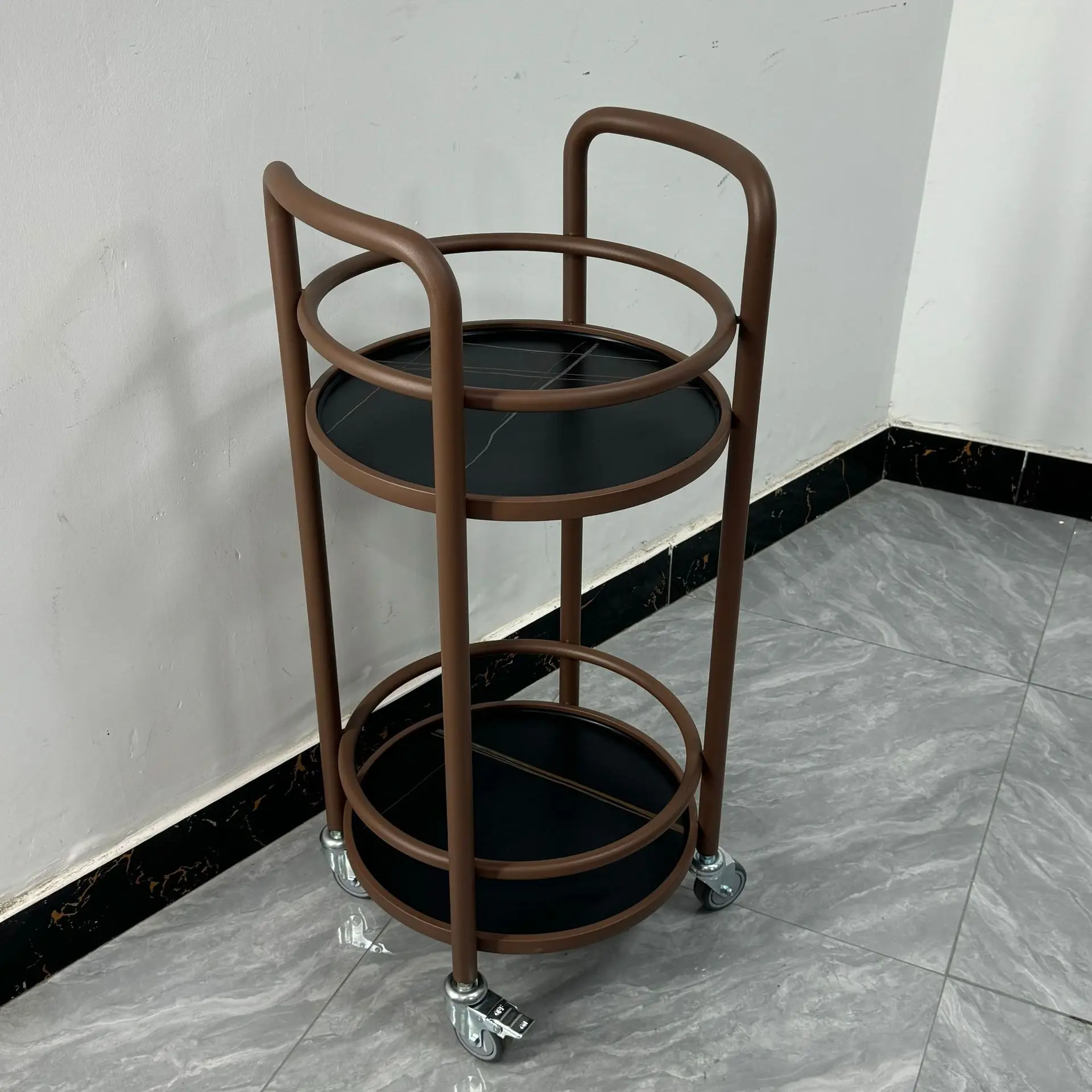 

High-end hotel rock slab wine truck stainless steel trolley 4S shop cake snack double-layer round commercial service vehicle