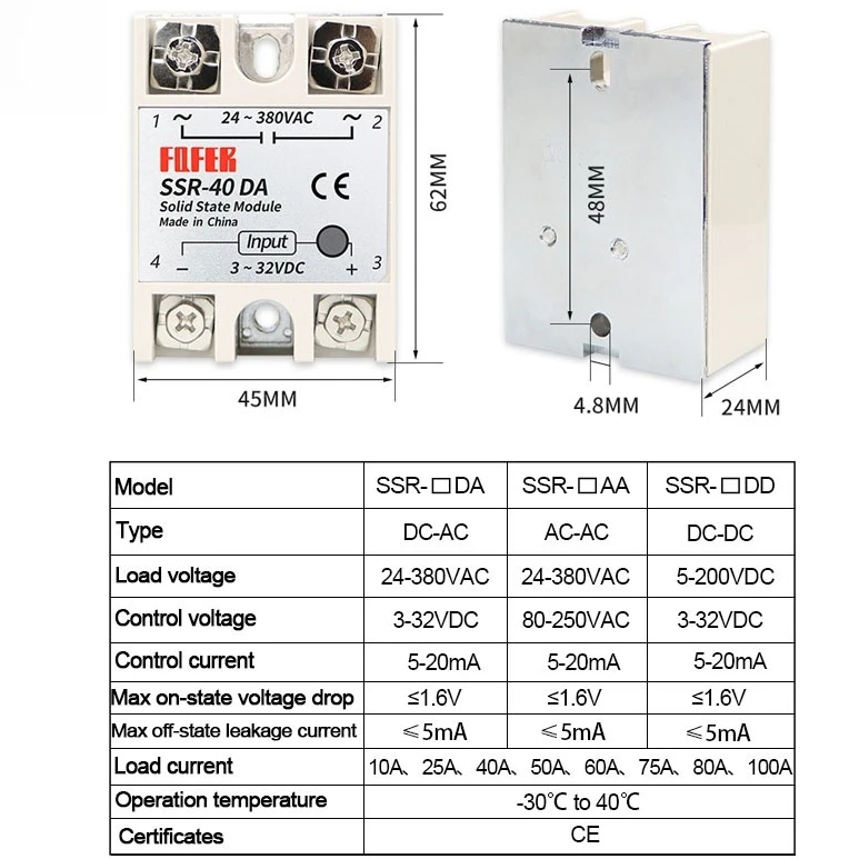 LCTC 1 قطعة مرحل الحالة الصلبة مرحلة واحدة عدم الاتصال SSR تيار مستمر إلى تيار مستمر التيار المتناوب تيار مستمر إلى التيار المتناوب 24-380VAC 10A 25A 40A 50A 60A 80A 100A