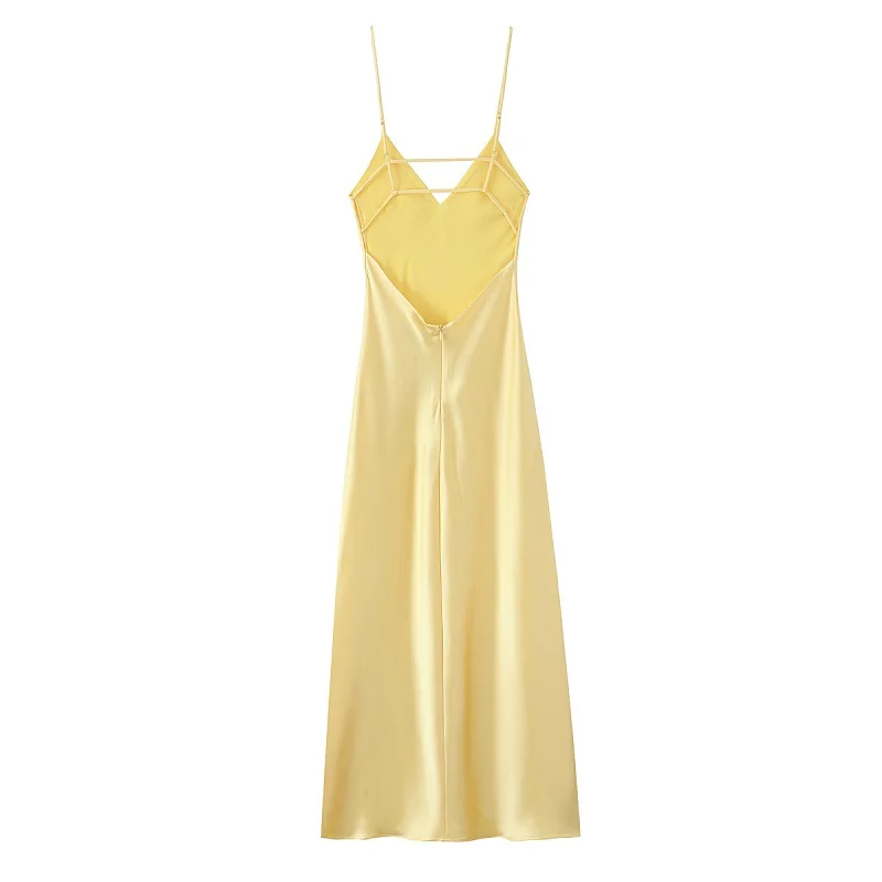MUJER rose Satin robe à bretelles femmes jaune robe d'été femme 2025 Sexy dos nu longues robes pour femmes bretelles fête robes mi-longues