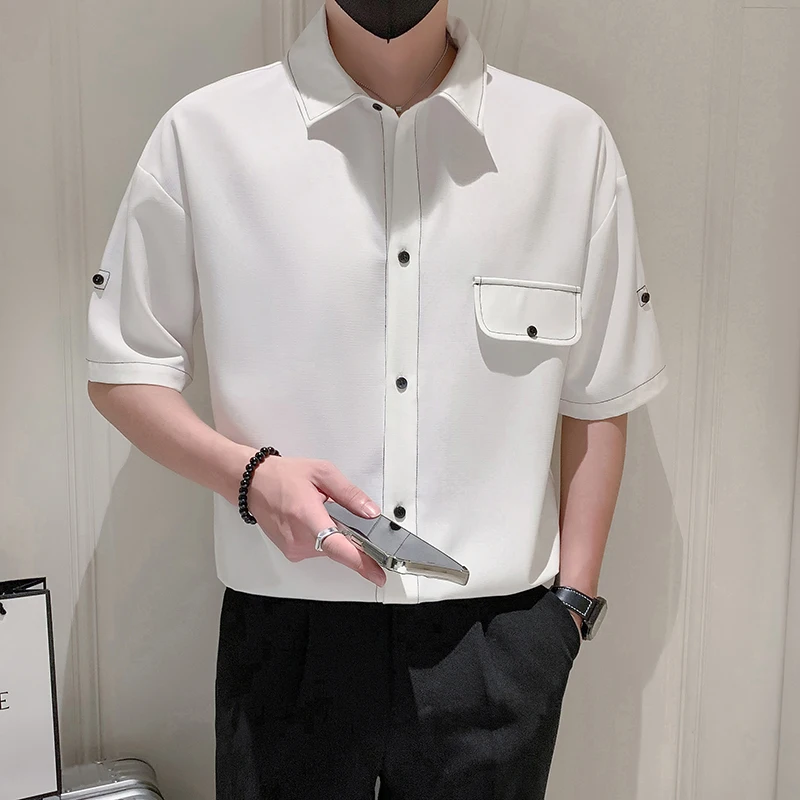 

2023 Fine Men's Fashion Casual Korean Version of Everything Solid Color British Style Sense of Ice Silk Mid-sleeve Slim Shirt