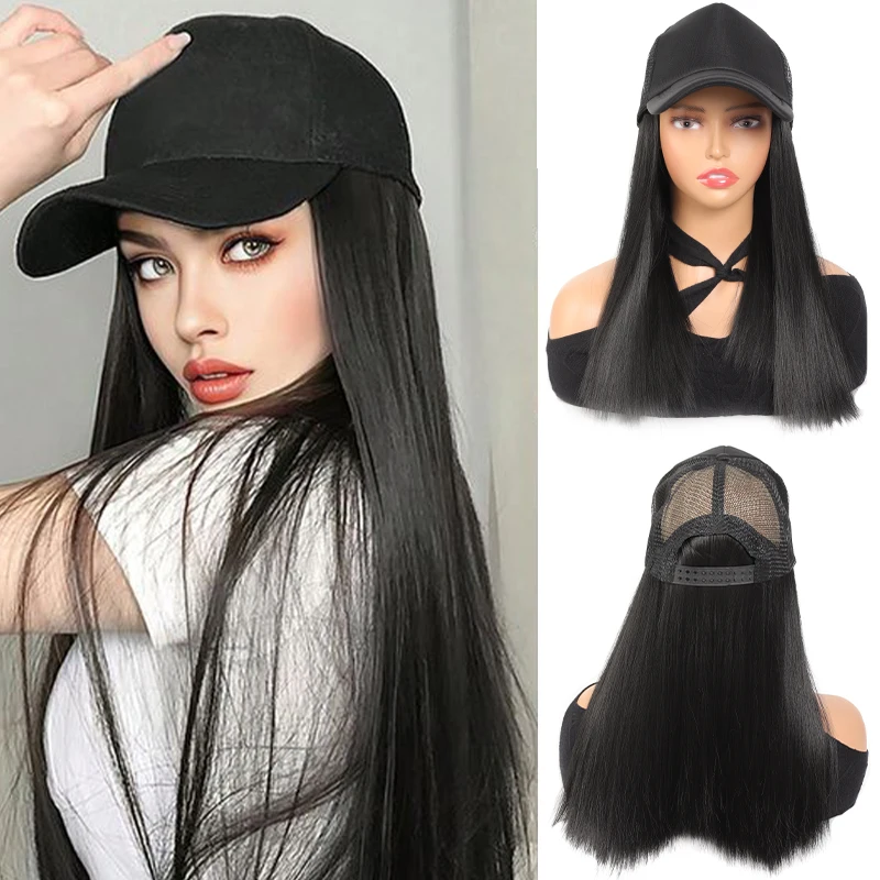 Wig hitam spons lidah bebek wanita, rambut palsu panjang lurus ukuran dapat disesuaikan, wig sintetis mudah dipakai cocok untuk penggunaan sehari-hari